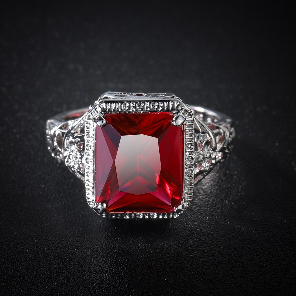 Hollowing Out Carving Flowers Wedding Rings For Women Silver Color Bridal Engagement Ring Red Square Ruby Elegant Luxury Bijoux