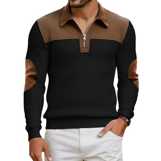 Herr Quarter Zip Tröja Långärmad Nedvikbar Krage Pullover Färgblock Jacquard Sweatshirt med Armbågslappar för Street Daglig Användning