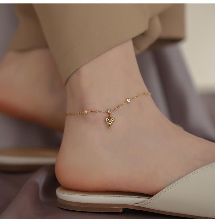 18K Goudkleurig Hart Strass Enkelbandje: Trendy Titanium Staal Sieraden voor Vrouwen