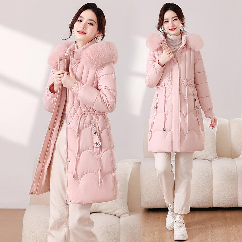 New winter long women's slim-fitting cotton-padded clothes, thin waist thickened cotton-padded clothes, fur collar cotton-padded jacket, women's