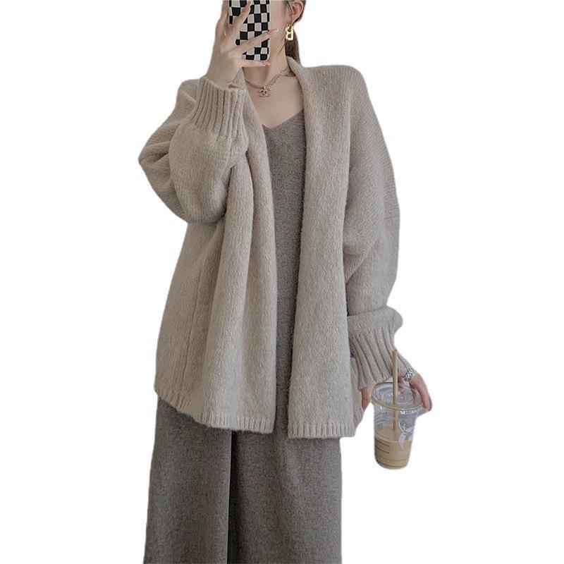 Solid Color Casual Retro Loose Knit Sweater with Autumn and Winter Cardigan Collar