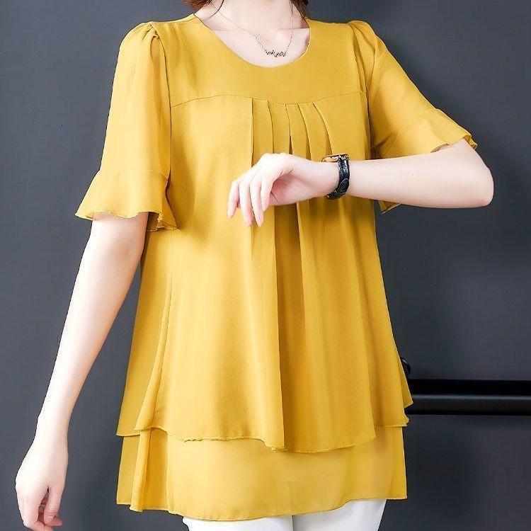 Chiffon Short Sleeved Top Women's Summer Size Loose and Elegant Small Shirt