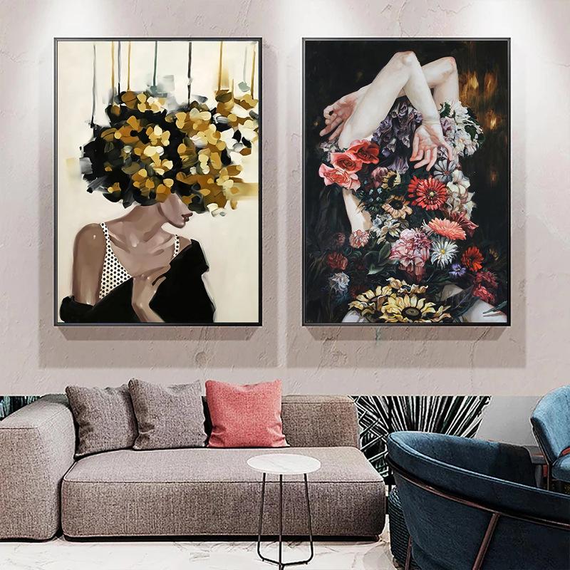 Abstract Women Head With Flowers Canvas Painting Modern Figure Posters And Prints Wall Art Picture for Living Room Home Decor
