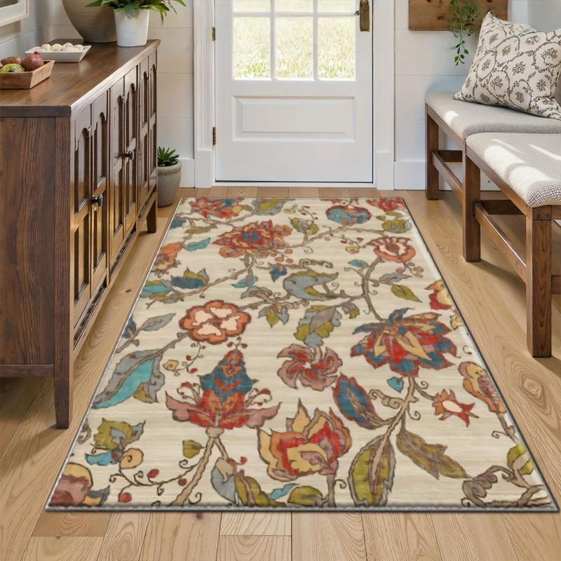 Traditional Floral Area Rug Soft Polyester, Machine Washable Easy Clean, for Living Room, Bedroom, Office, Cafe, Floor Decor