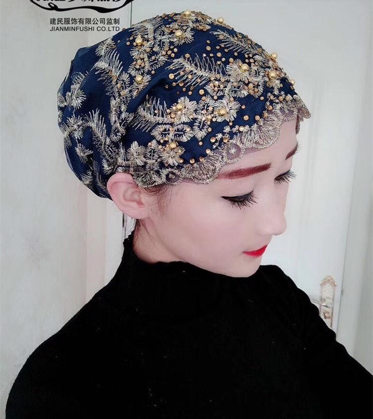 2022 New Design Spring Muslim Gauze Towel New National Style Head Scarf Lady Hat Cap Gold Silk Embroidered Nail Bead Hat