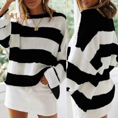 Women Pullover Sweater Wide Striped Color Block Crew Neck Long Sleeve Ribbed Cuffs Oversized Sweater Casual Knitwear