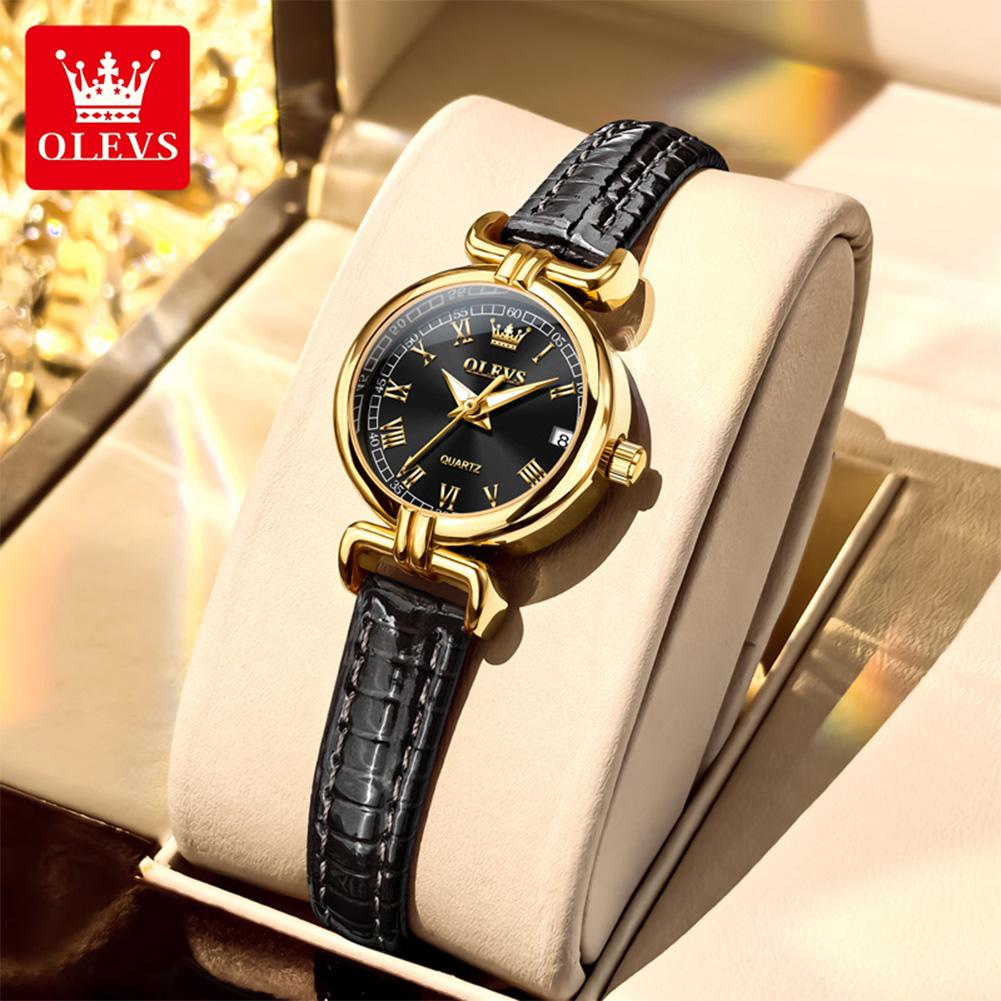OLEVS 5645 Women Watch Quartz Movement Fashion Watch Gift Round-dial Leather Strap Wristwatch Calendar Window Luminous Watch