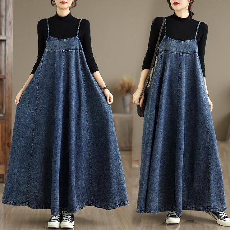 

Women Plus Size Vintage Denim Dress Maxi Long Cotton Loose Casual Basic Sleeveless Dresses L синій