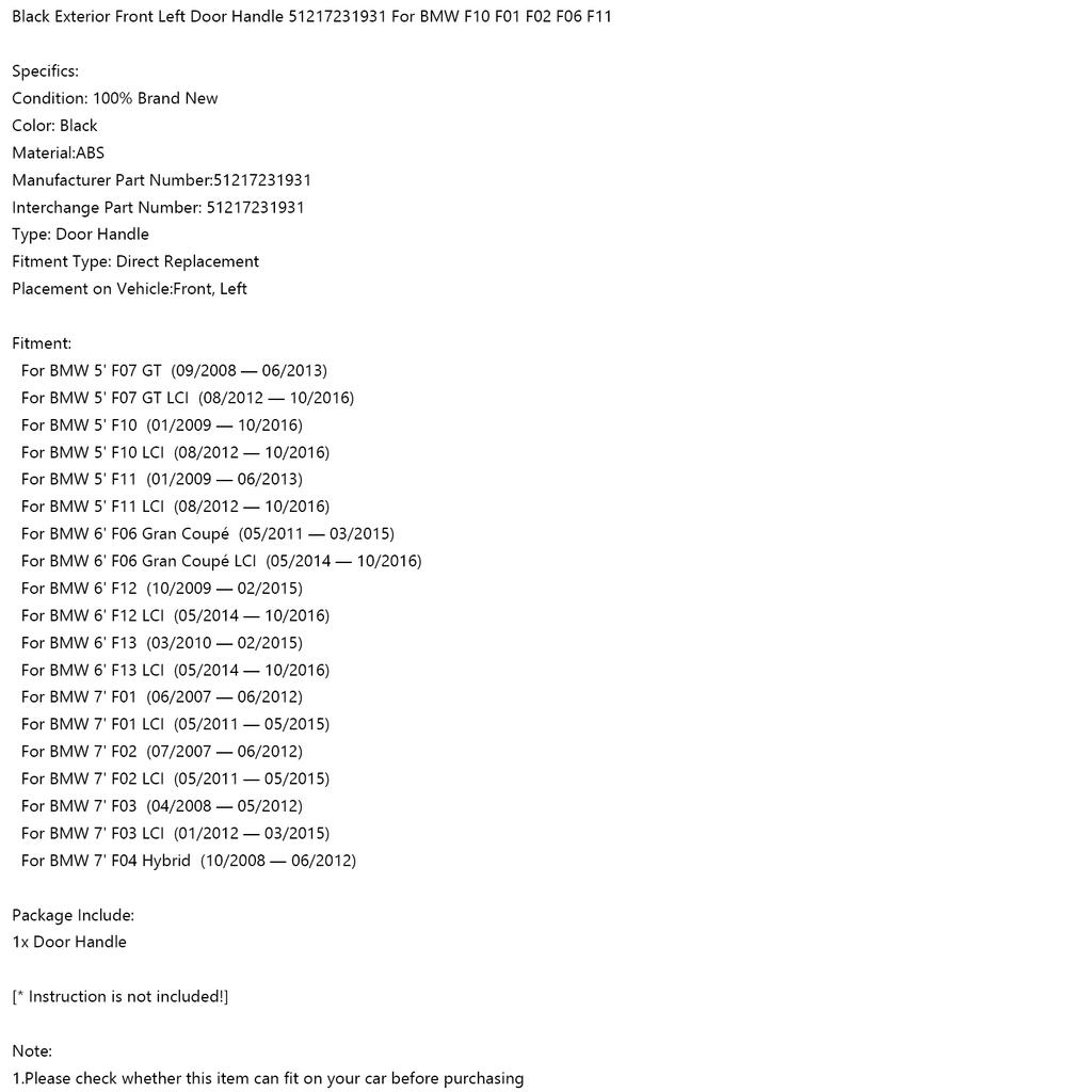Svart Utvändig Framvänster Dörrhandtag 51217231931 För BMW F10 F01 F02 F06 F11