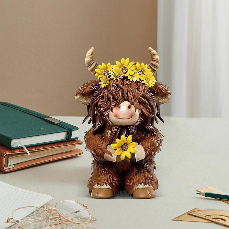 Highland Cow Figurine 3D Highland Cattle Statue Farmhouse Housewarming Decor Small Cute Brown Scottish Resin Figurine for