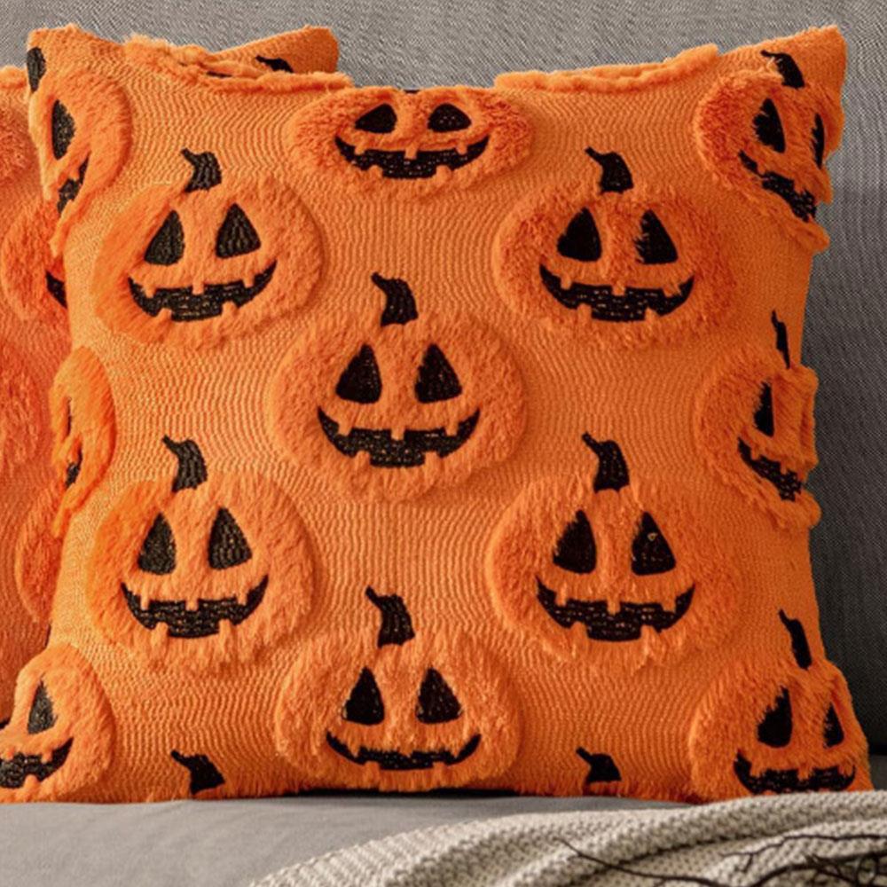 Pumpkin Ghost Pillow Cover Halloween Fun Plush Pillowcase Washable Square Orange Pumpkin Lantern Pillow Protective Covers