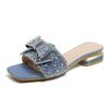 New Summer Low Heel One-word Drag Fashion Thick Heel Fairy Wind Cool Slippers Square Head Rhinestone Bow Out Slippers