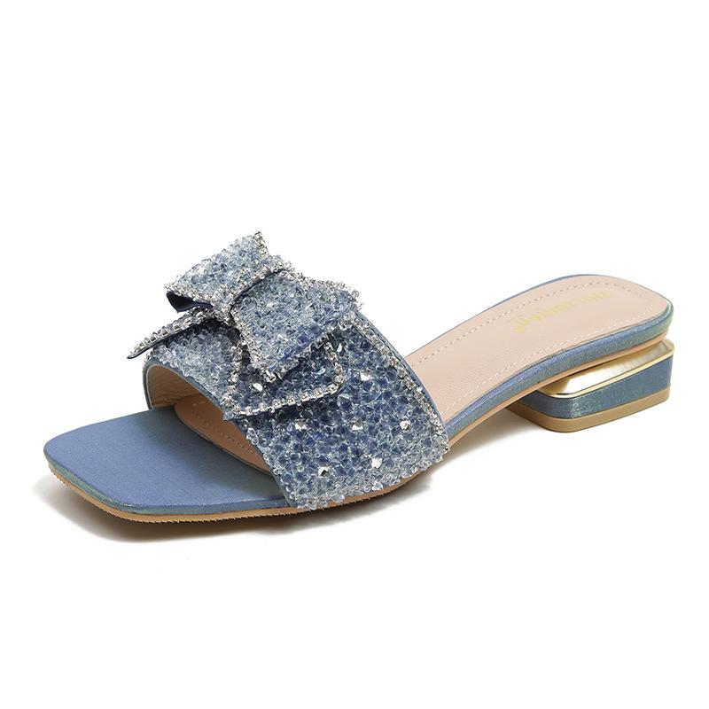 

Новые летние шлепанцы на низком каблуке, модные шлепанцы на толстом каблуке в сказочном стиле, крутые шлепанцы с квадратным носком и бантом из стразов 42 королевский синий