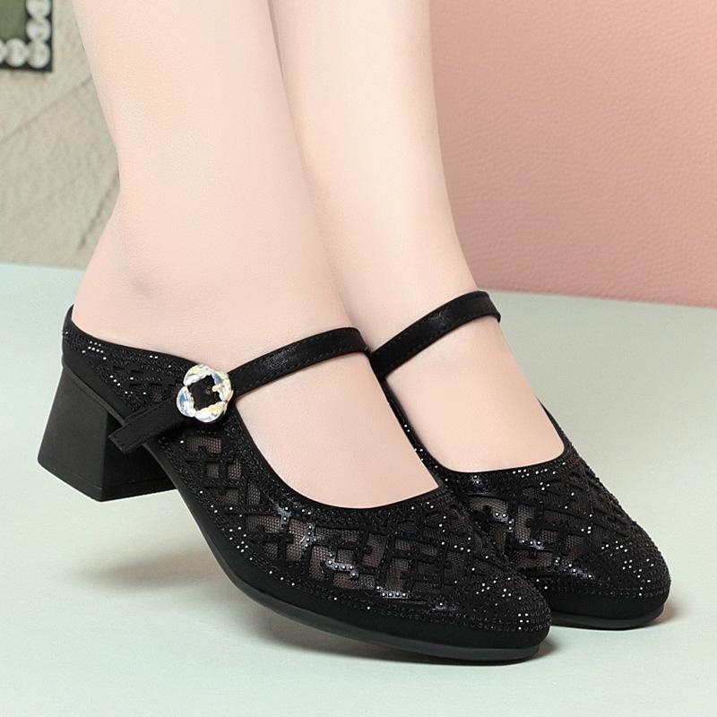 

4,5 см Дышащие Удобные Мюли С Круглым Носком Женские Неглубокие Тапочки 2025 Лето Средний Блочный Каблук Шлепанцы для Офиса Мамы 41