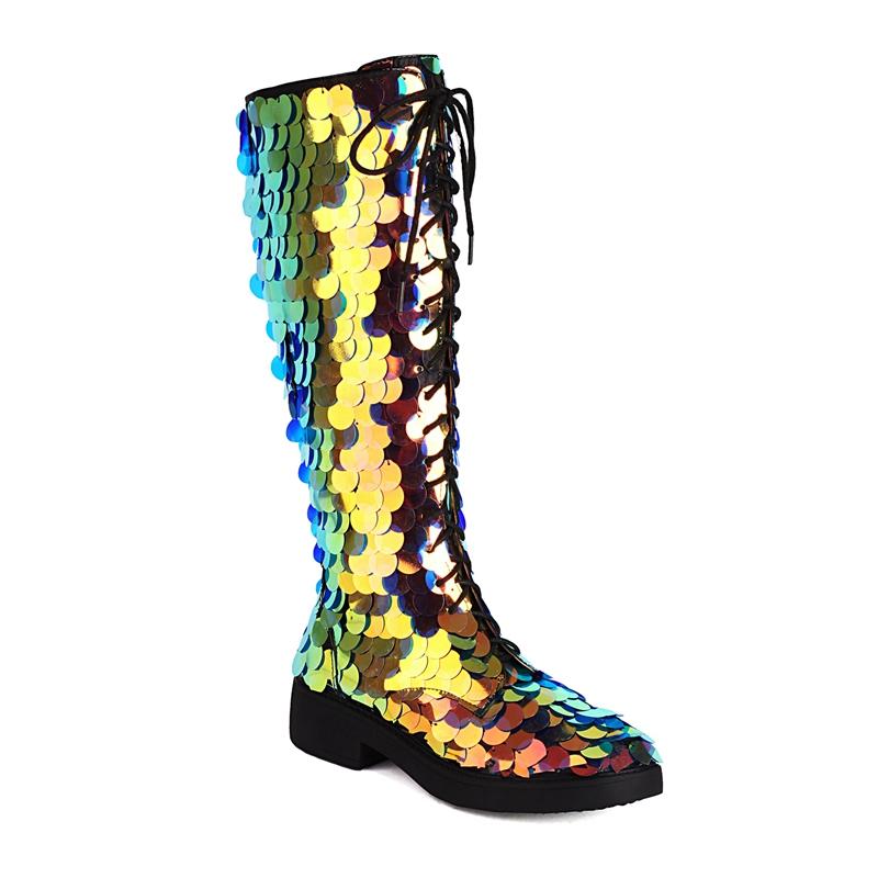 Fashion Women's New Round Head Lace up Sequin Thick Bottom Large and Calf High Barrel Mar Mid heeltin Boots