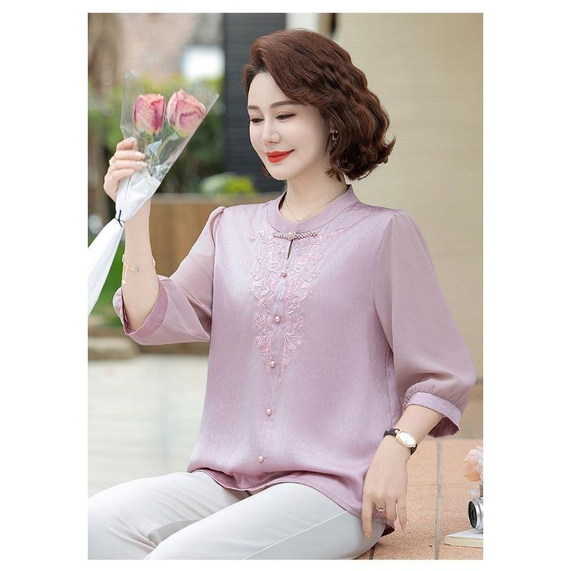 Damen Rundhals Halbarm Froschknopf Floral Schmetterling Stickerei Locker Bluse Hellgrün Lässiges Oberteil