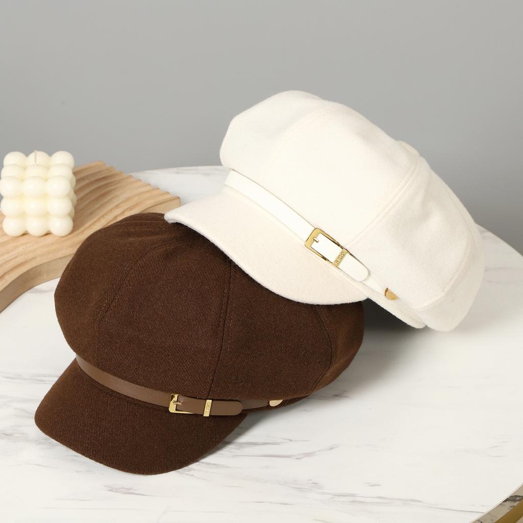 Temperament versatile octagonal hat women's autumn and winter fashion belt buckle newsboy hat high quality retro suede painter hat