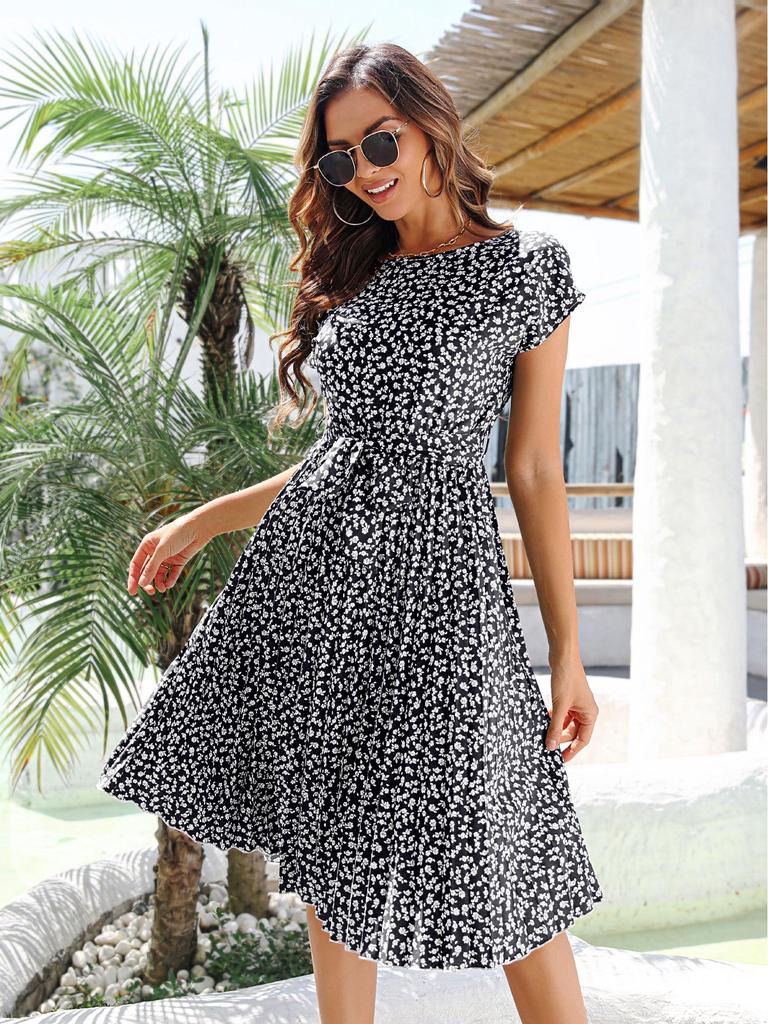 2023 Spring/Summer Women's Floral Tie-Up Dress with Pleated Skirt - European & American Style, Short-Sleeved, Casual