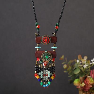 Women's Vintage Ethnic Tassel Long Sweater Chain, Woven Wooden Chalcedony Pendant Artistic Temperament Jewelry