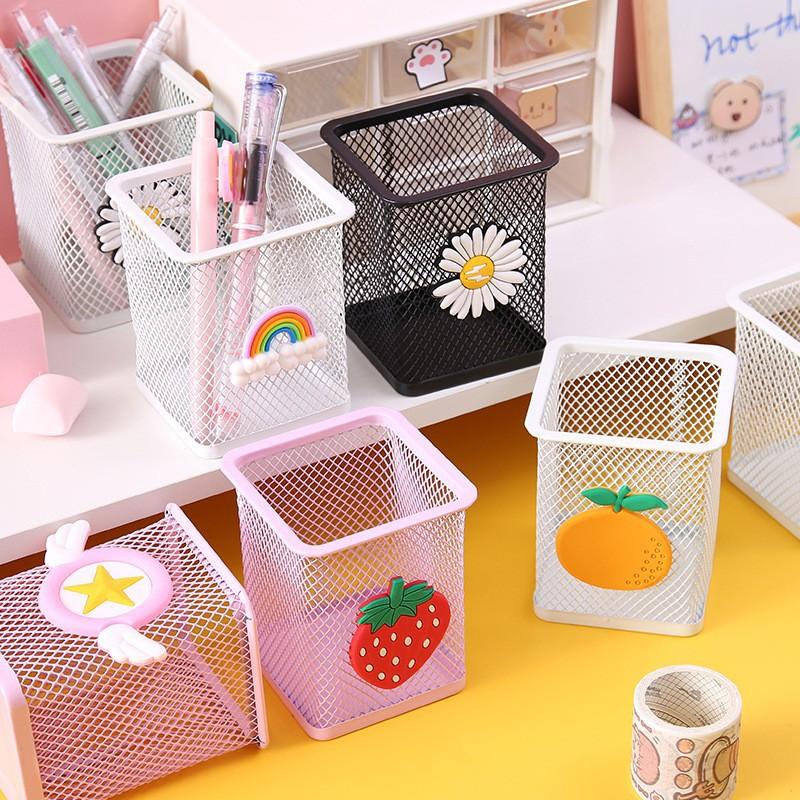 Cartoon Metal Pen Holder Hollow Design Desk Organizer Cute Colorful