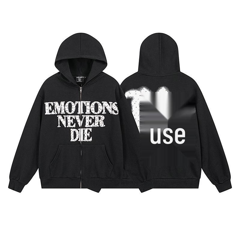 Unisex Rhinestone Zipper Hooded Cardigan & Sweatpants Set with Letter Print.