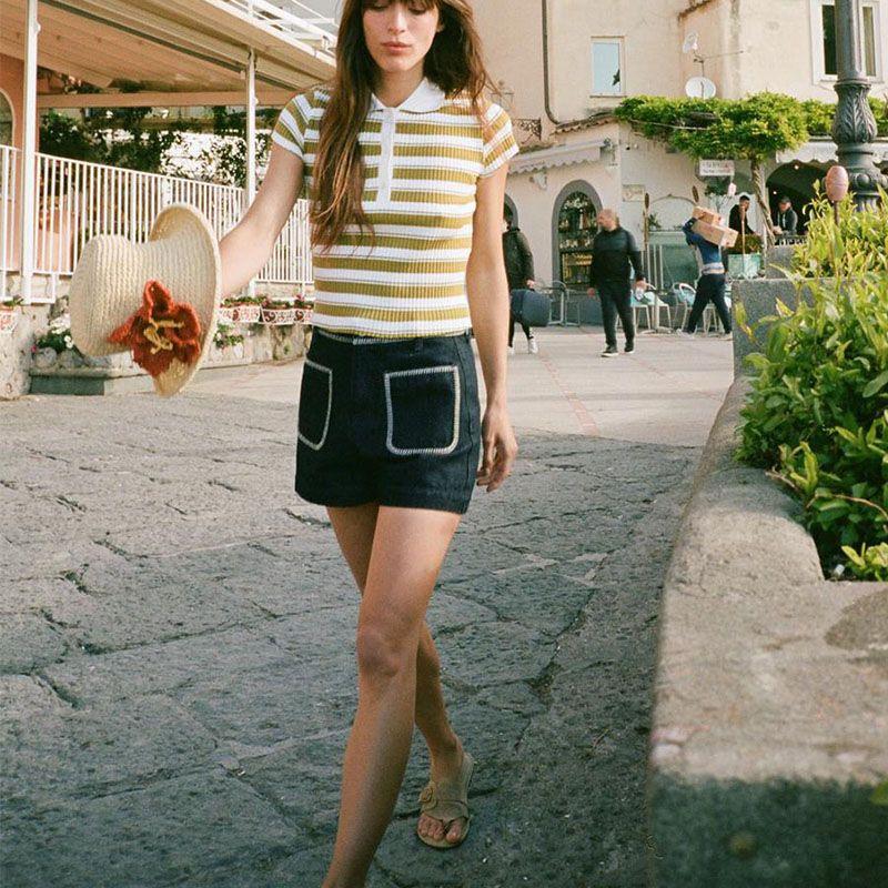 Summer New Product Women's Clothes Breasted Decorative Cotton Stripes Rib Lapel Short Sleeve Polo Shirt 0858154