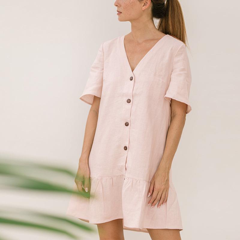 

Summer Cotton Linen V-neck Ruffle Dress - Women s Cute A-line Skirt S