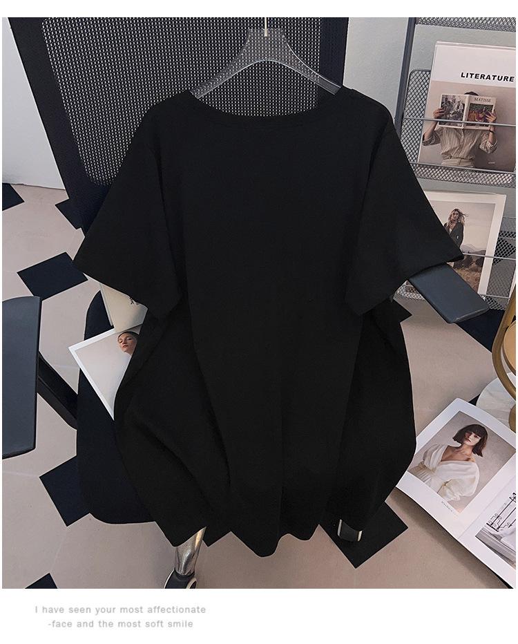 Plus Size Loose Mid-Length Short-Sleeve T-Shirt for Women - Round Neck, Slimming Design, Covers Belly, Available in Sizes 200/300/350 jin, Style 636