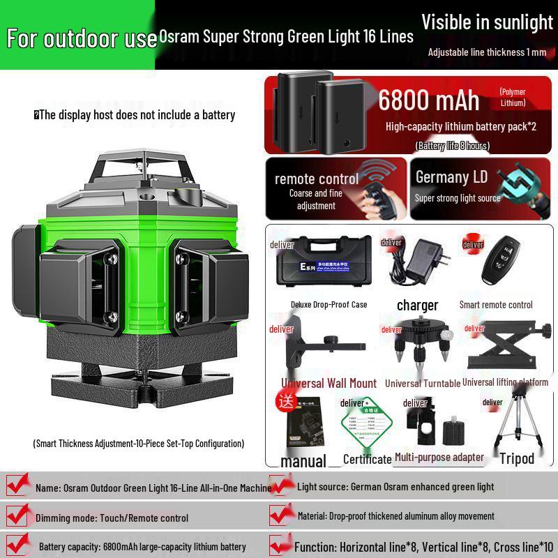 High-Precision 16-Line Automatic Laser Level with Infrared Green & Blue Light