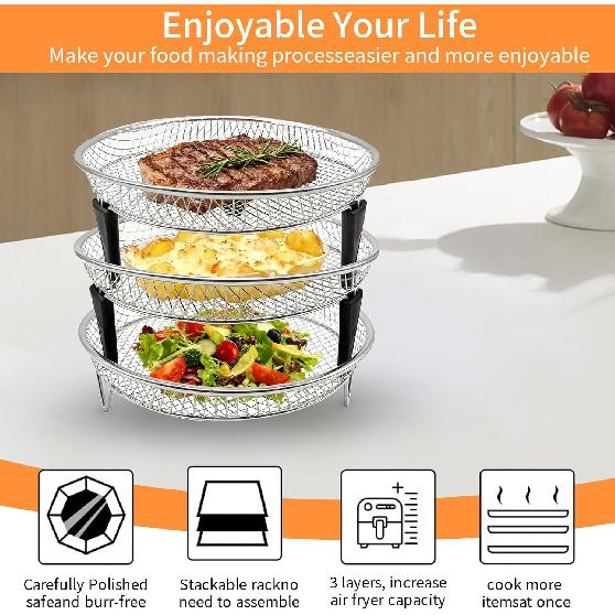 GCQ Air Fryer Rack, 3-Pack Stackable Round Dehydrator Racks for Oven & Air Fryer, 8x8x1.57 Inch, Food Grade Stainless Steel, Fits Inner Diameter