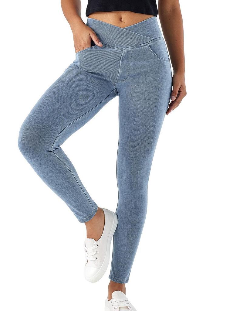 Úzké džíny s vysokým pasem: Dámské elastické, zeštíhlující kalhoty s kapsami zvedající hýždě