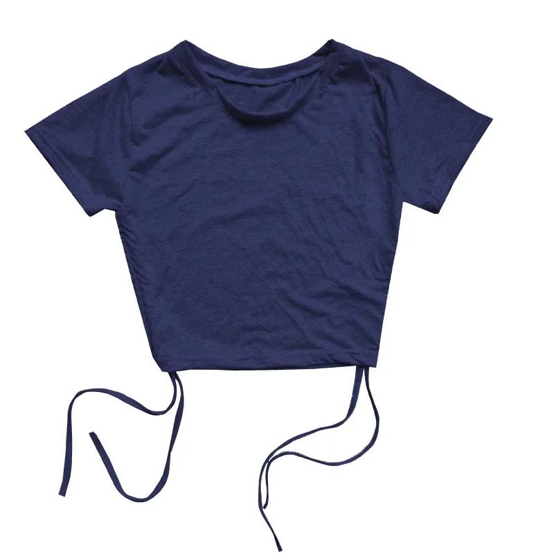 Sexy Drawstring Tie Bare Midriff Slim Tank Top Women Short Sleeves Bottoming Crop Tops Camisetas Mujer