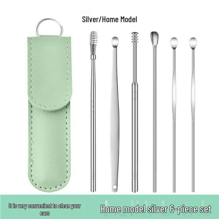 6-Piece Stainless Steel Ear Cleaning Set: Portable Spiral and Spoon Tools