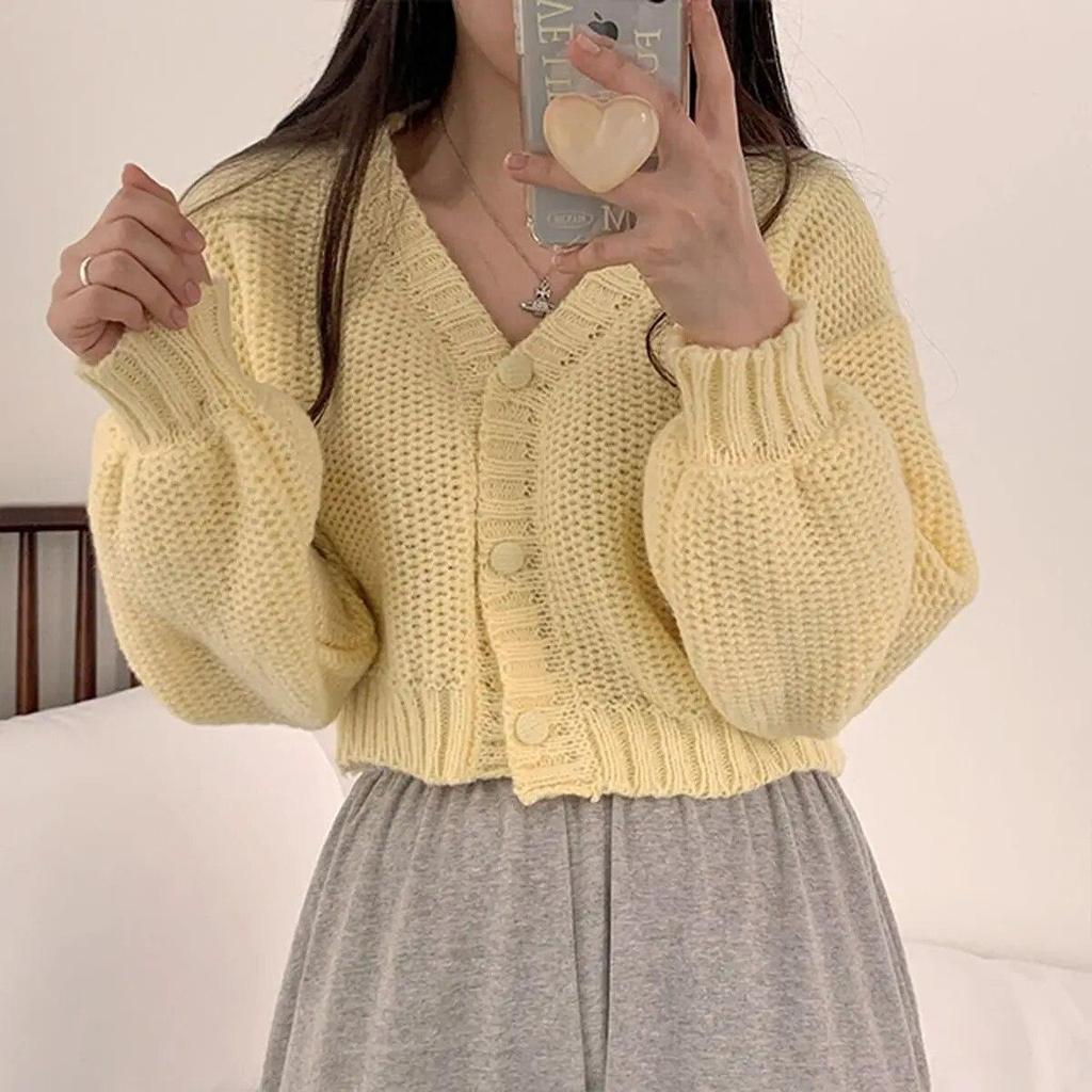 Sexy Sweet Short Knitted Cardigan Sweet Korean V Neck Lantern Sleeve Sweaters for Women Fall Wild Simple Cropped Pink Cardigan Coat