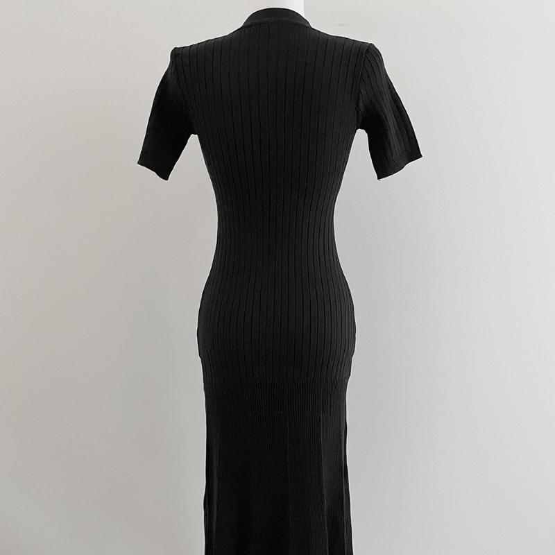 Knitted Black Bodycon Korea Style Ruffle Ladies Short Sleeves Midi Dresses Elegant Casual V-neck Mermaid Dress for Women Summer 2026