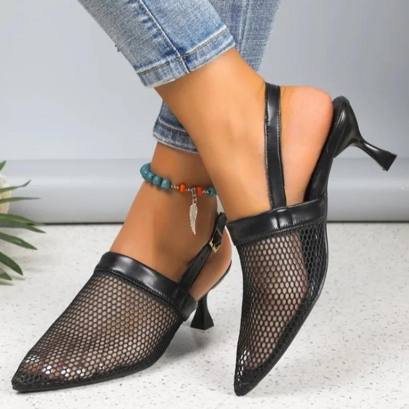 Shoes for Women 2024 Mesh Slip-on Women's High Heels Summer High Heel Pump Women Pointed Toe Slingbacks Heeled Sandals