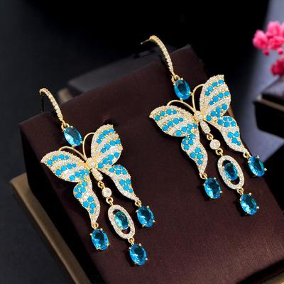 CMM Unique Light Blue Zirconia Gold Color Butterfly Shape Tassel Long Drop Earrings