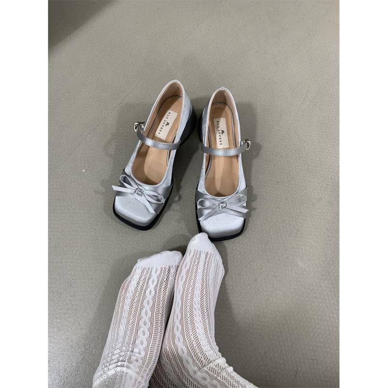 AL Small Fragrant Style Satin Bow Thick Heel Mary Jane Shoes Women's Evening Shoes Spring Light Mouth Medium Heel Single Shoes Small Leather Shoes