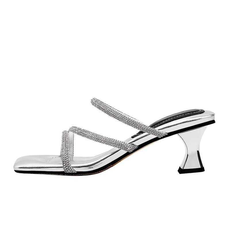 Stepping On Shit, Silver High-heeled Sandals, Fairy, Wind Square Head Rhinestone Thick-heeled Cool Slippers, Women Are Not Tired of Wearing Outside