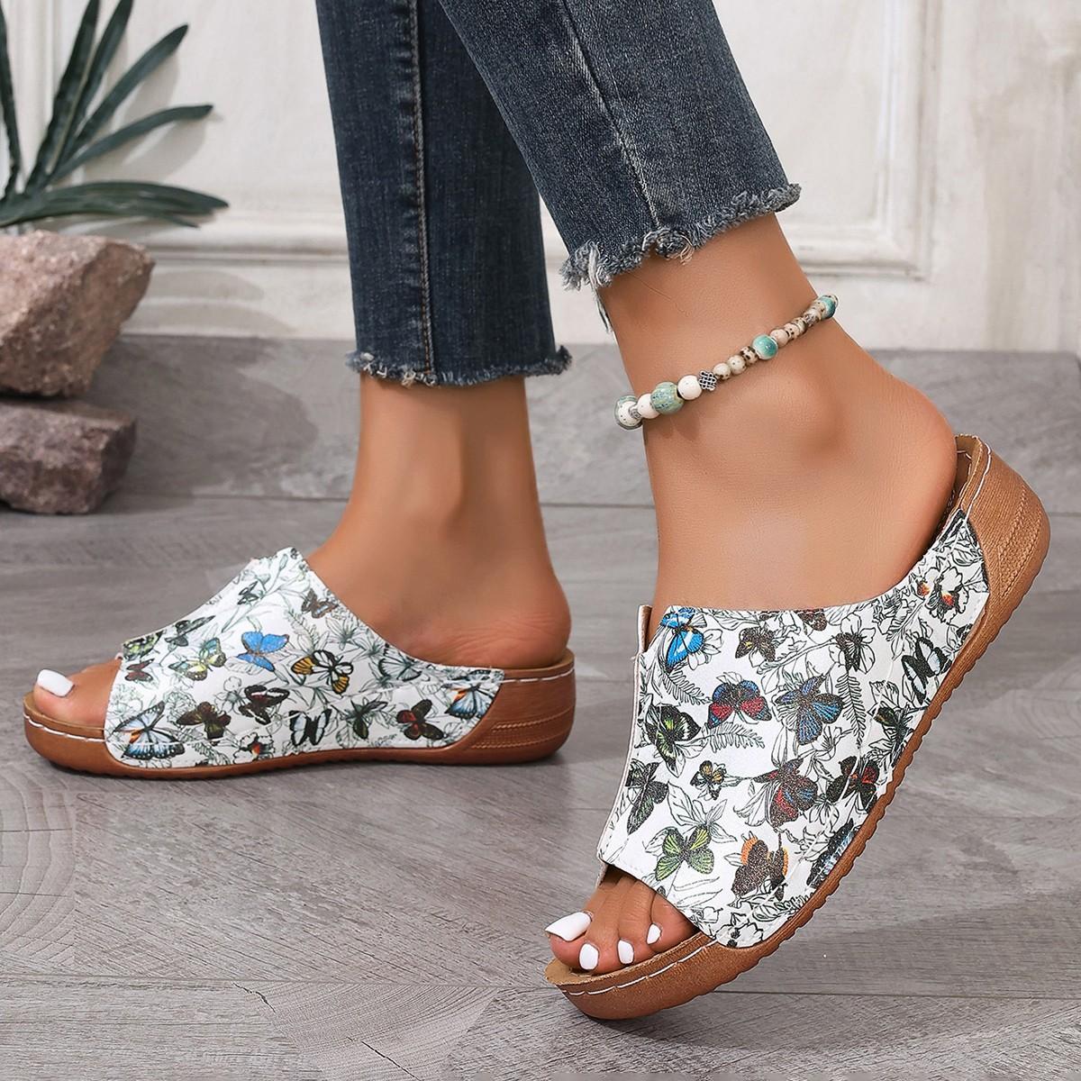 

2024 летние туфли на каблуке с уклоном, модные, простые, с принтом, легкие, с одной педалью, с рыбьим ртом, классные тапочки для женщин 36 белый