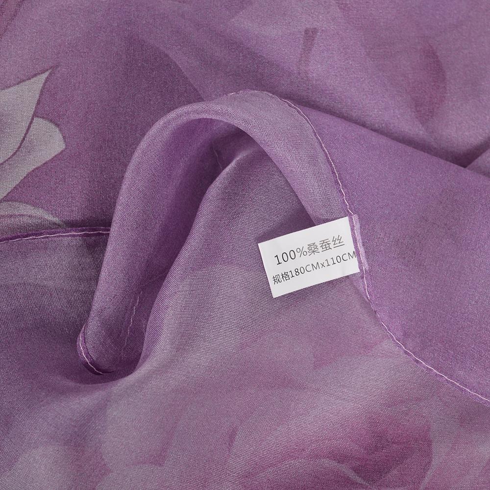 [BYSIFA] Purple 100% Mulberry Silk Scarf Wrap Fall Winter Magnolia Design Long Scarves Shawls Women Spring Summer Beach Shawl