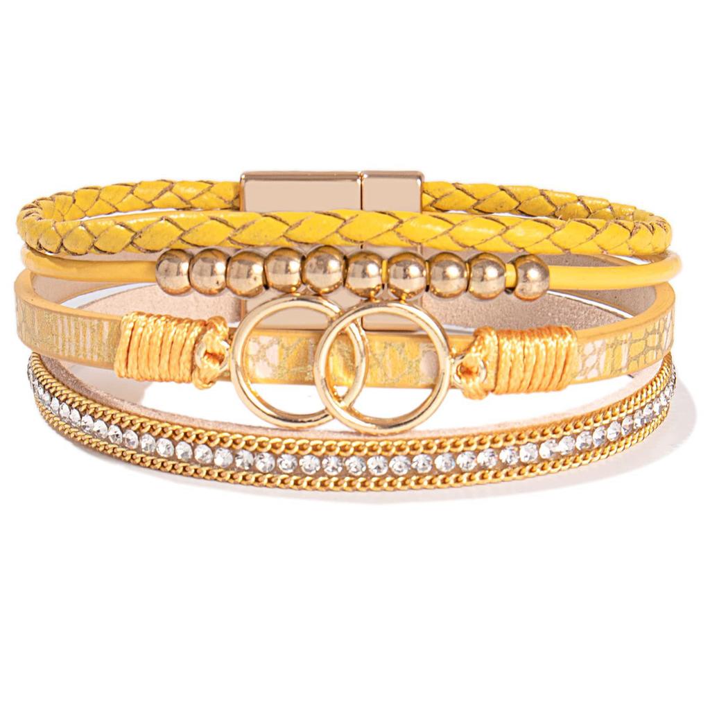 Damen Handgefertigtes Geflochtenes Lederarmband mit Doppelring Magnetverschluss und Strasssteinen