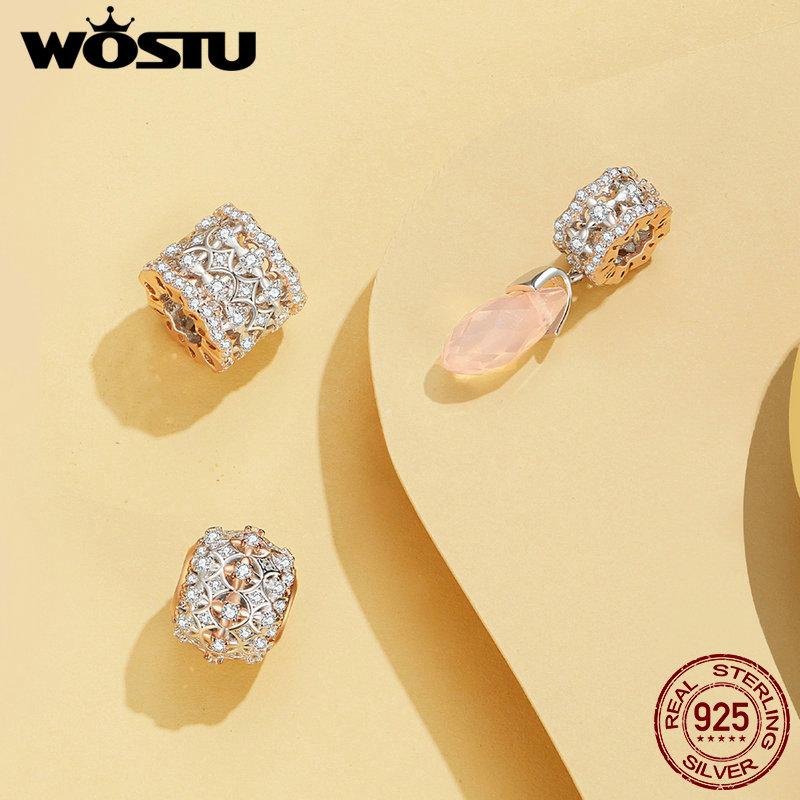 WOSTU 925 Sterling Silver Rose Gold Two-Tone Clover Heart Charms Crystal Drop Pendant Hollow Out Beads Fit DIY Bracelet Necklace