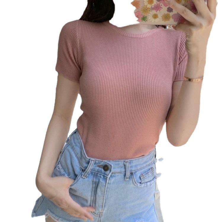 Fashion Avocado Green Short-sleeved T-shirt Female Spring and Summer Slim Tops Tight Knit Shirt Thin Wind Casual Essential Slim Fit Pullovers Tees