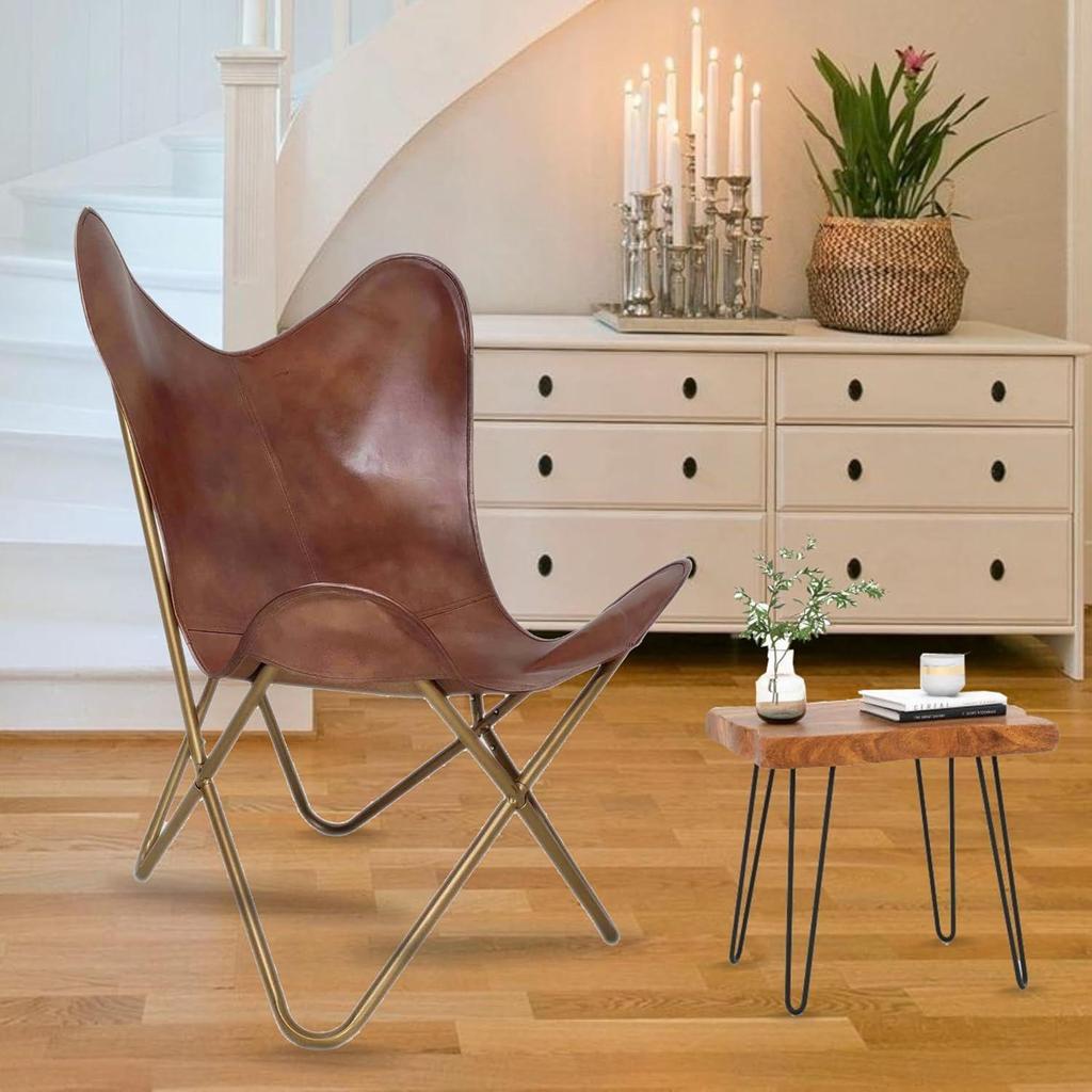 Stylish Recliner Brown Leather Butterfly Chair with Folding Golden Powder Coated Iron Stand