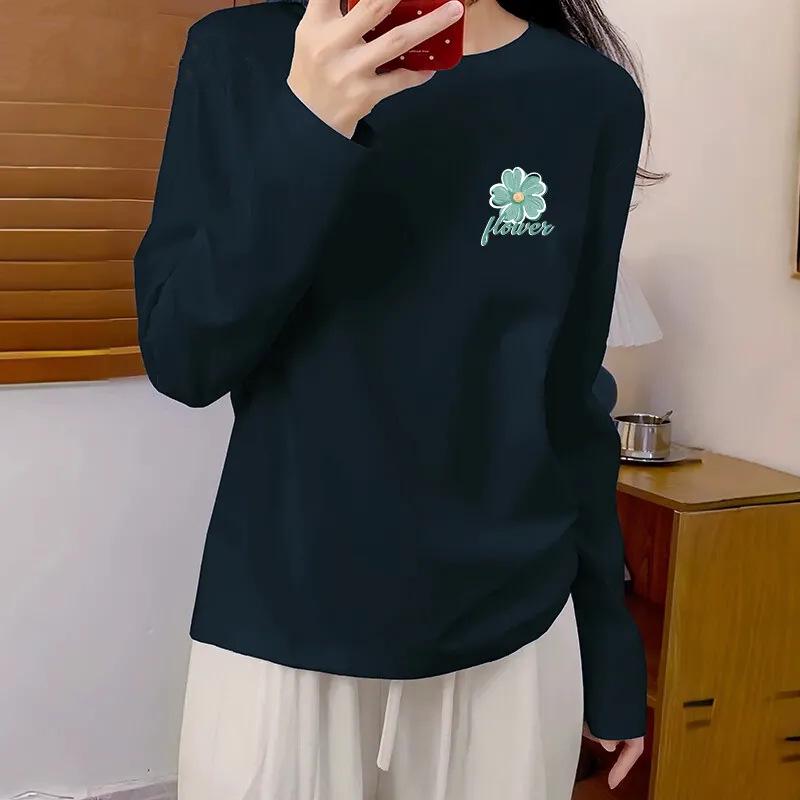 Damska koszula z 100% bawełny, z długim rękawem, w koreańskim stylu, luźny krój, z okrągłym dekoltem - Wiosna/Jesień 2025