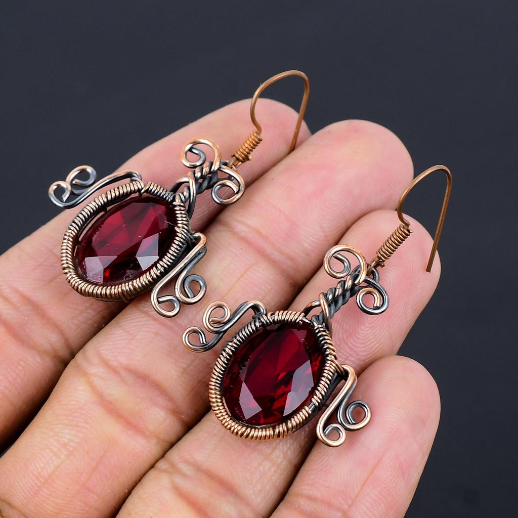 Garnet Jewelry, 999 Copper Wire Wrapped Earrings, Handmade Gemstone Jewelry Earrings For Memorial Day