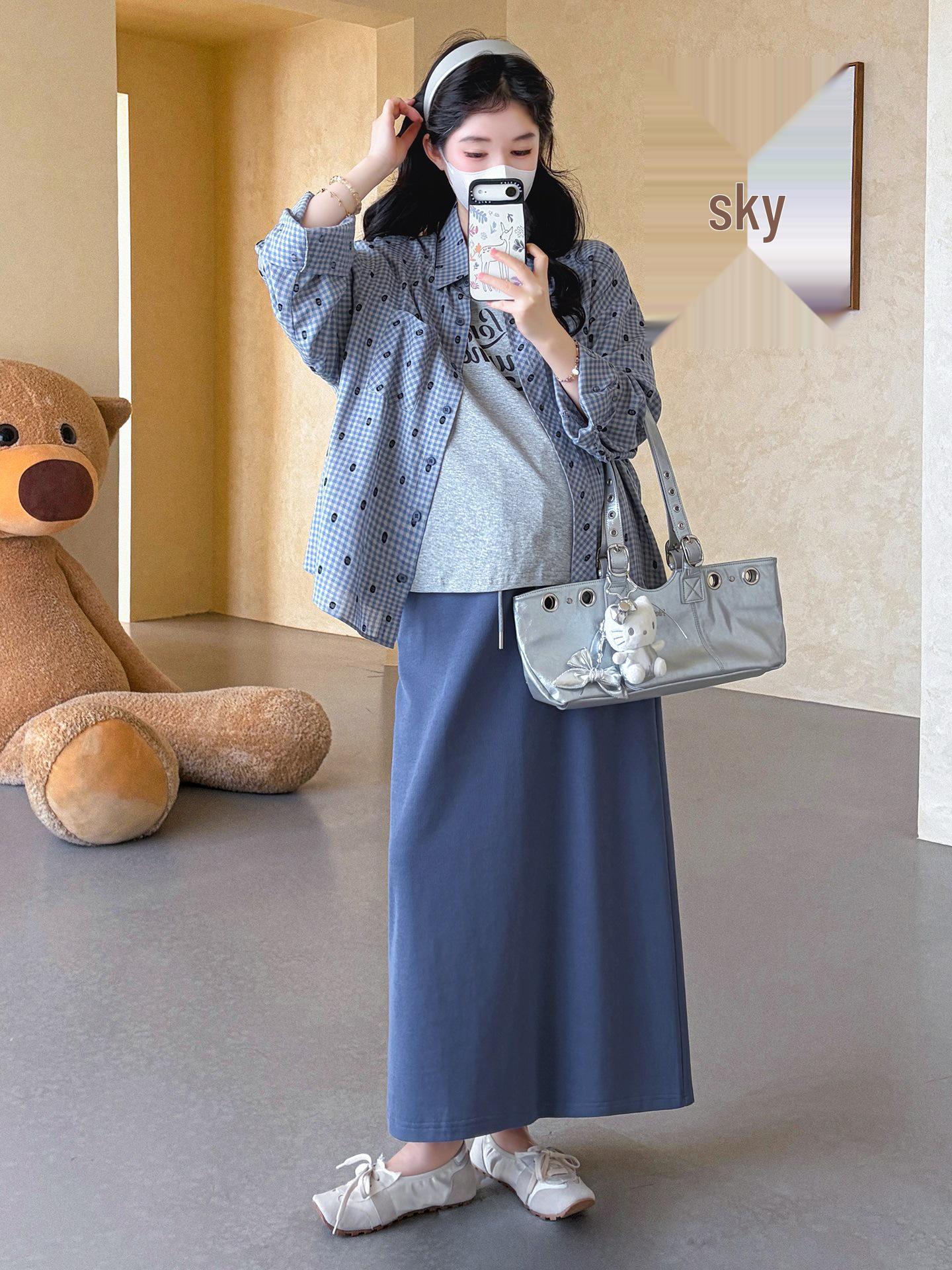 Summer 2026 Korean-Style Maternity Set: Embroidered Plaid Jacket & Printed Short-Sleeve Skirt XL