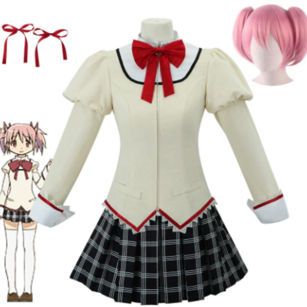 Puella Magi Madoka Magica Schuluniform Cosplay Kostüm Komplettset mit Perücke für Halloween-Party