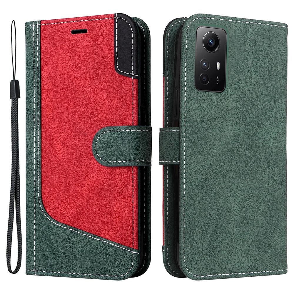 

PU Leather Case for Xiaomi Redmi Note 12S 4G/Note 11 4G (Qualcomm)/Note 11S 4G Wallet Stand Three-color Splicing Phone Cover with Wrist Strap Green
